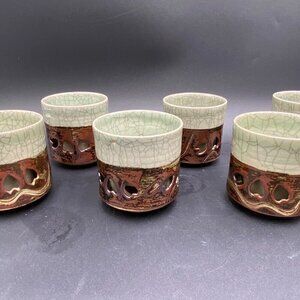 Vintage 6 Japanese Teacups Somayaki Soma Ware 2x3" Double Wall Horse